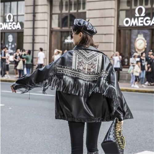 Streetwear Fashion 2021 Spring Embroidery Rivet Tassel Faux Leather Biker Jacket Women Loose Casual PU Leather Coat Abrigo Mujer