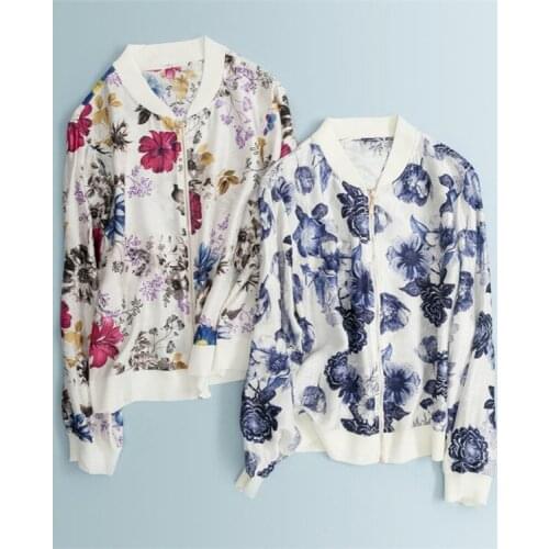 Pure silk spliced wool blend trim women fashion floral printed thin zipper shirts cardigan tops blue M/L retail wholesale
