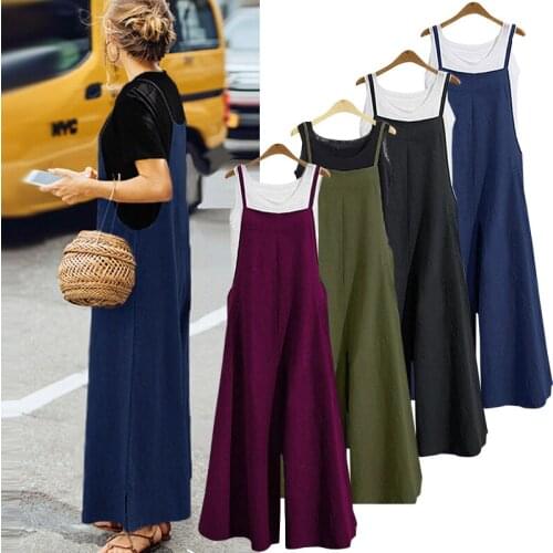 Women Casual Solid Strap Wide Leg Pants Pockets Romper Dungaree Bib Overalls Loose Cotton Linen Jumpsuits Casual
