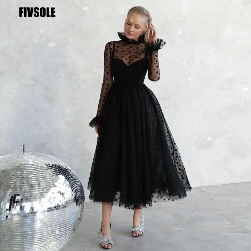 Fivsole 2021 Black Heart Tulle A-line Evening Dress Full Sleeves Tea Length Prom Gowns Women Formal High Neck Hearts Party Dress
