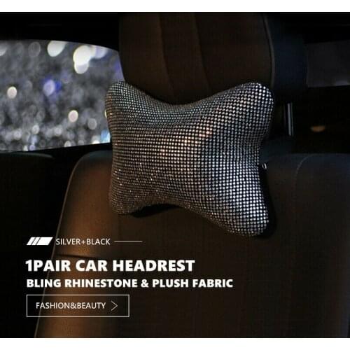 2Pcs Fashion Bling Rhinestone Plush Fabric Car Seat Headrest Pillow Cushion Neck