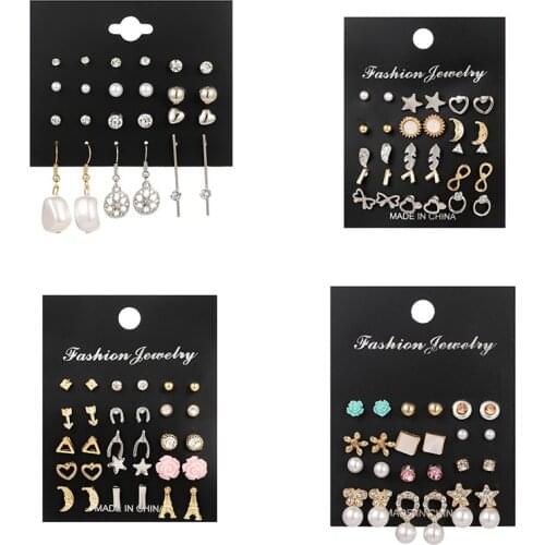 2020 ethnic boho mixed flower moon star triangle heart stud earring for women girl fashion female pearl rhinestone earrings gift