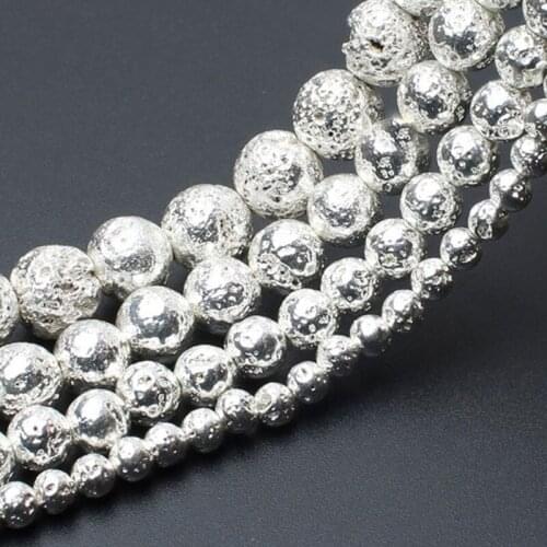 4-10mm Plating Metallic Coated Lava Rock Beads Round Silvery Stone DIY Loose Beads For Jewelry Making Beads Bracelet Necklace