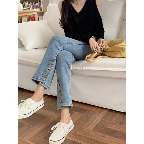 Double-Breasted Irregular Skinny Plus Large Size Oversize Korean Vintage Clothes WomenS High Waist Trousers Fashion Jeans Pants
