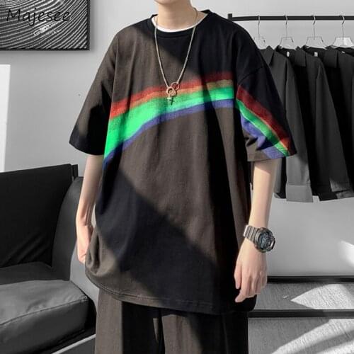 T-shirts Men Simple Designed Rainbow Striped High Street Plus Size M-3XL Males Tops Harajuku Korean All-match Summer Stylish