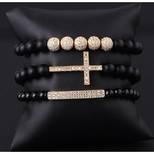 JARAVVI Natural Stone CZ Pave Cross Charm Matte Onyx Elastic Beads Bracelet Set Men Jewelry Gift