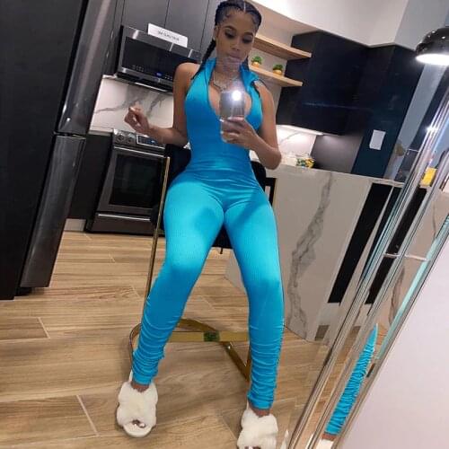 Summer Womens Folded Pants Jumpsuit Womens Elasticity High Leisure Fitness Sports Rompers Sleeveless Zipper Sportswear Tight C