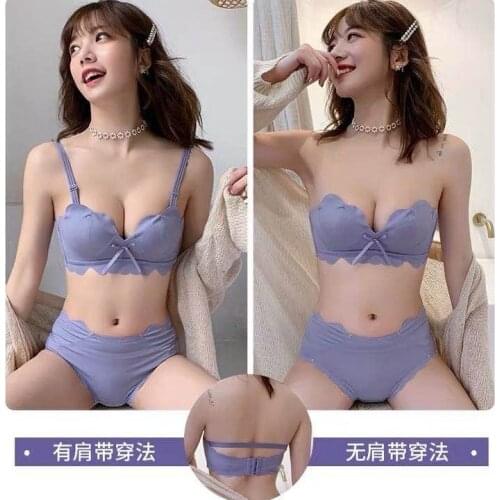 Lingerie feel no steel ring gathered small breast adjustment type strapless girl beauty back bra set to receive a pair of milk