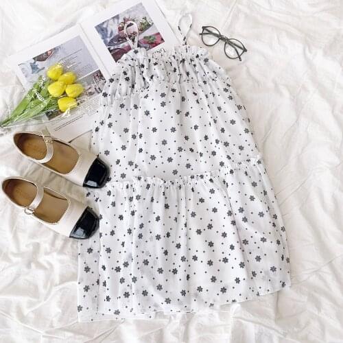 Summer pleated wooden ear loose floral sling dress