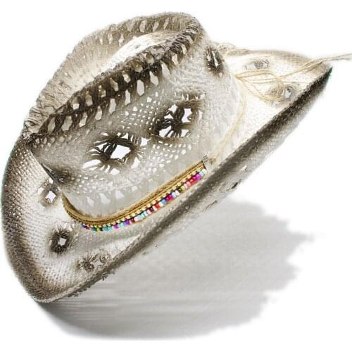 LUCKYLIANJI Womens Mens Unisexs Vintage Wide Brim Straw Sun Beach Cowboy Cowgirl Western Hat National Beaded Band (58cm)