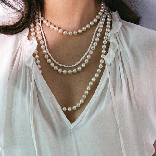 Fashion Handmade Beaded Necklace Sweater Chain Simple Rice Bead Multilayer Tassel Pearl Necklace 2020 Womens Jewelry