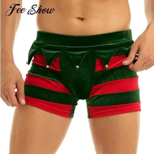 Men Soft Velvet Bulge Pouch Fancy Boxer Sissy Panties Christmas Holiday Party Cosplay Costume Striped Boxer Shorts with Bells