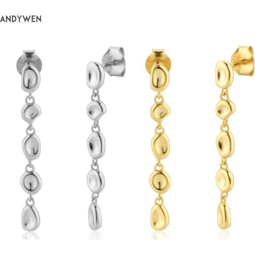 ANDYWEN 925 Sterling Silver Gold 30mm Chain Drop Earring Stud Women Rock Punk Coins Roun Wedding Gift Clips Piercing Pendiente