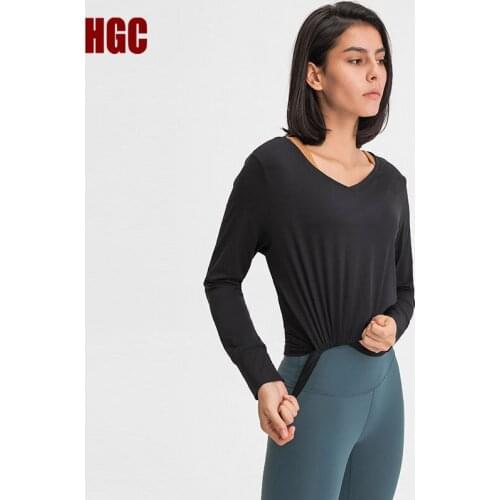 HGC Sports Top Loose Women Long Sleeves Yoga Clothes Gym Workout Running Athletic Active Elastic Breathable Sexy Fitness Shirt