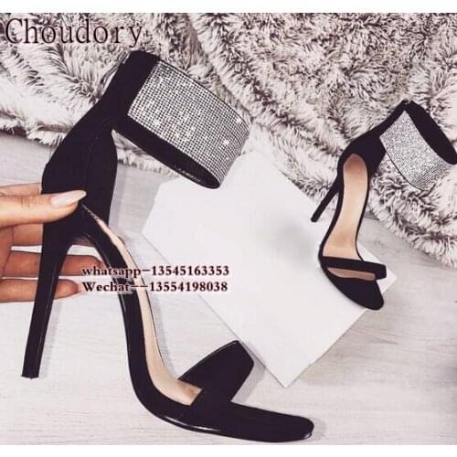 Size 34-43 new Fashion black red Silver Wedding Shoes Rhinestone Strap Pumps Summer Stiletto High Heels Party Sandals