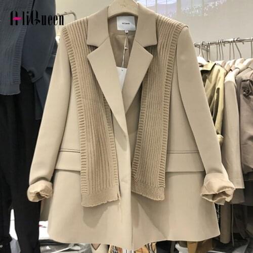 Autumn Winter Turn-down Collar Long Sleeve Women Blazers Coat Single Breasted Loose Minimalist Suit Blazer + Knitted Scarf
