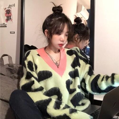 2021 New Womens Clothing Sweaters Jumpers Pullovers Vintage V Neck Puff Long Sleeve Leopard Knitted Women Pull Femme Thick Chic