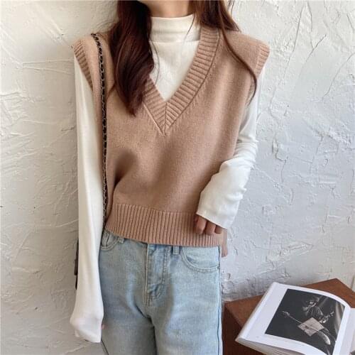 Women Knitted Vest Korean Loose Sleeveless Pullover Leisure Solid Color Autumn Winter Sweater Elegant V-neck Pullover Tops