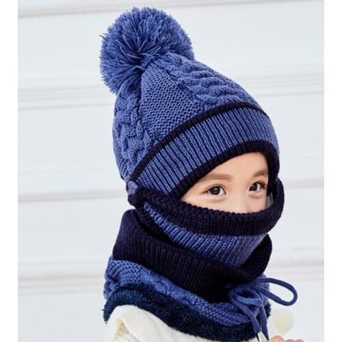 2019 New Winter Children Knitted Hat Ring Scarf Sets Kids Warm Baby Plus Velvet Thick Soft Cap Boys Girls Fleece Lining Beanies