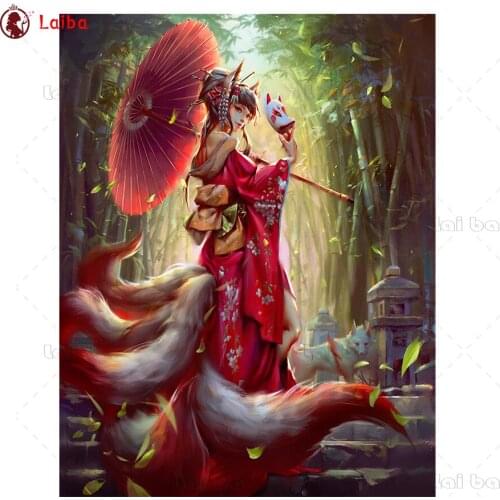 5d diy diamond painting Abstract retro art, nine-tailed fox Japanese woman mosaic diamond crystal painting full square round