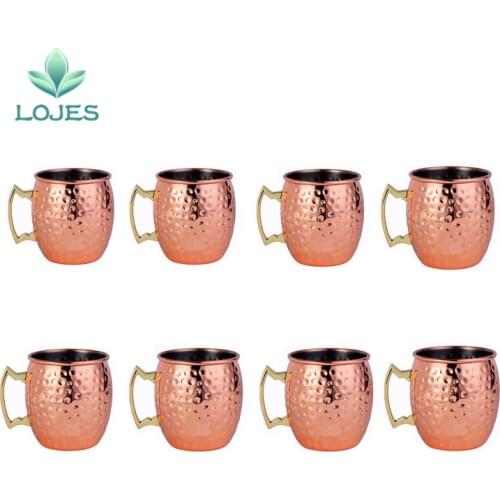 8 PCS 550ml Copper Plated Barrel Hammered Moscow Mule Mug Coffee Cup Beer Cup Set of 8