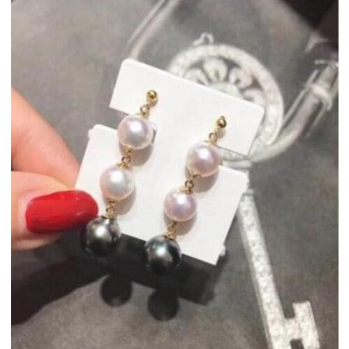 Free shipping>>>>noble jewelry charming pair of south sea round white black multicolor pearl earring 14k