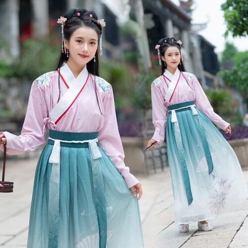 Free shipping Original and improved Hanfu cross collar embroidered shirt Tanhua printed chiffon skirt fairy long skirt set