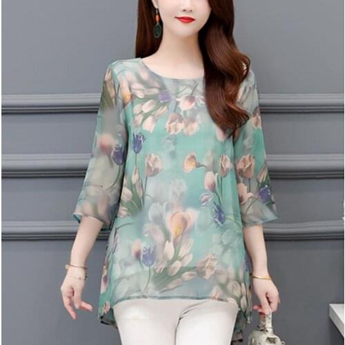 Autumn Spring style Korea Shirts Blusas Elegant summer Shirt Women Office Bottom Vintage Floral Print Top O Neck Chiffon Blouse