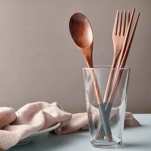 Wooden Cutlery Sets With Gift Bag Portable Kids Students Tableware Set Outdoor Travel Dinnerware Suit Spoon Fork Chopsticks Set