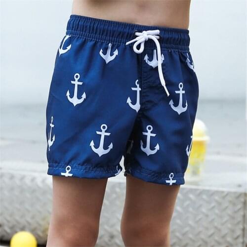 Kids Beach Shorts 2-14 Y Children Swimwear Boys Swim Trunks Bathing Suit Blue with Anchors Pattern Teens Sandy Beachwear