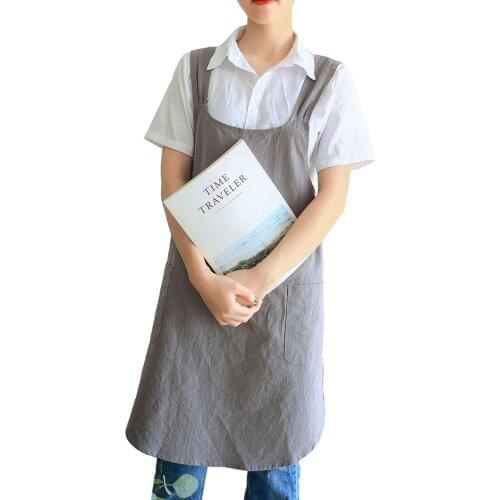 Japanese Style Cotton Linen Apron Women Retro Solid Color Strap Pinafore with Pocket Practical Household Product Vest Aprons