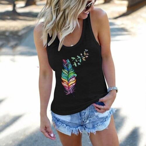 Harajuku Tee Shirt Summer Sleeveless Loose Vest for Ladies Femme Color Vintage Feather Dragonfly Print Funny Women Tank Top