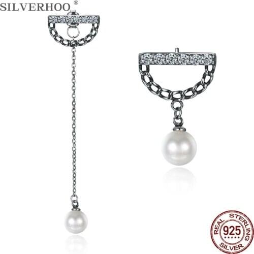 SILVERHOO 925 Sterling Silver Vintage Drop Earrings Shell Pearl And Cubic Zirconia Geometric Female Earring Anniversary Jewelry