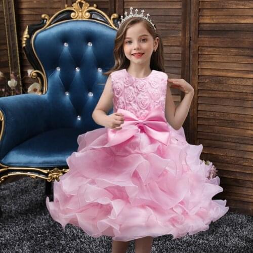 Exquisite Flower Girl Elegant Dress Western Fluffy Layered Princess Wedding Childrens dress Bow Cute Dress
