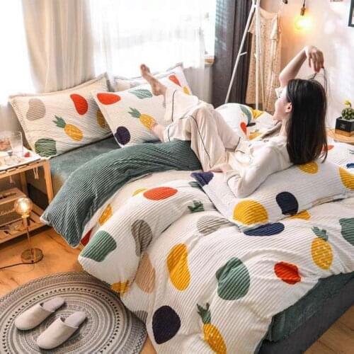 Hot AB Side Velvet Pure Color Pineapple Print Bedding Sets Winter Warm Fleece Flat Sheet Duvet Cover Sheet King Size 3/4/pcs