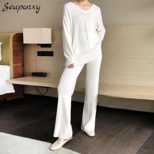 High-Quality Autumn WomenS Loose Knit 2 Two-Piece Set 2021 Sexy V-Neck Pullover + High-Waist Wide-Leg Pants Casual Suit