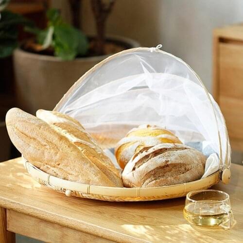 Round Bamboo Storage Basket with lid Outdoor Picnic Food Serving Tent Tray Mesh Gauze Cover Hand-Woven Dustproof Fruit Bread #DB