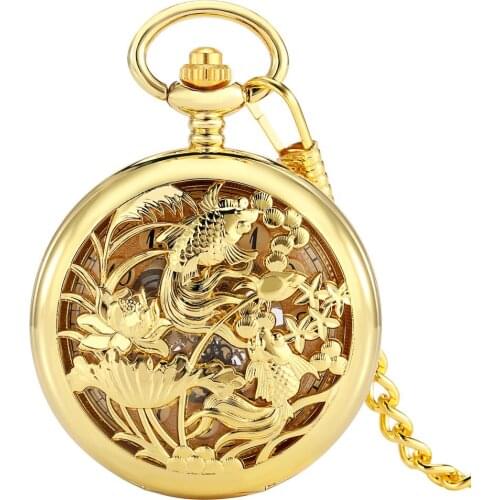 Gold Hollow Out Pisces Mechanical Pocket Watch Unisex Necklace Pendant Chain Hours Clock Numeral Dial Exquisite Luxurious Cover
