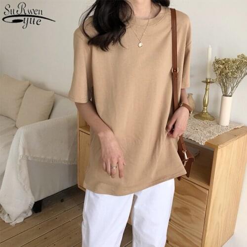 2021 New Soft Free Loose Hot Sale Solid Fresh Summer New T-shirt Women Fashion Natural Short Basic Shirt 4 Colors 9702