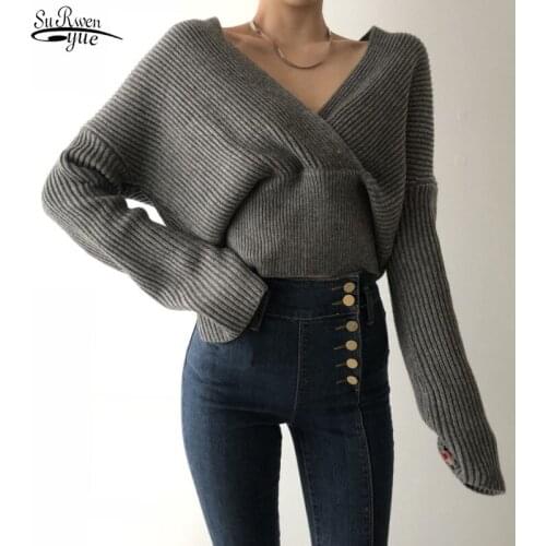 2021 Autumn and Winter New Korean Slim Bottom Knitwear Womens Sweater Long-sleeved Tops Sexy Cross Collar Sweater Woman 16059