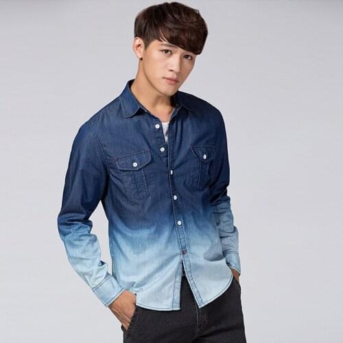 Spring Fall Fashion Mens Full Sleeve Tie Dye Denim Shirt , Male XXL 3XL Blue 100% Cotton Blouse , 2018 Casual Shirts For Men