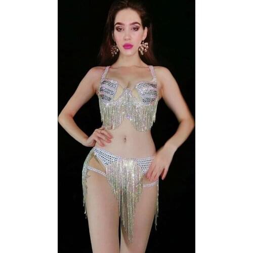 Silver Crystals Chains Bikini Costume Bling Stage Dancewear Shining Rhinestone Bikini Tassel Sexy Party Bra costumes DN1574