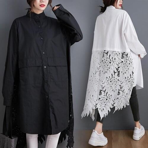 #2961 Spring Black White X-Long Shirts For Women Big Size Loose Stand Collar Asymmetrical Blouse Shirt Spliced Lace Hollow Out