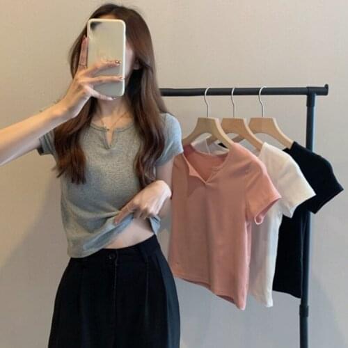 Woman Tshirts Summer New 2021 Fashion Korean Femme Tops Sweet Casual Solid Short Sleeve V-Neck Female Tees Slim Fit S0172