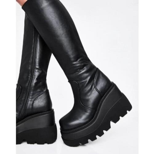 Ladies Fashion Platform Boots Chunky Heel Wedges Mid Calf Women Boots Casual Brand Thick Bottom Winter Shoes Woman