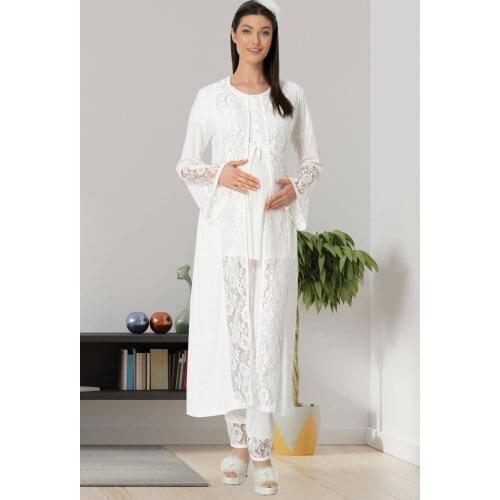 Womens Maternity Postpartum Pajamas Set Lace Detailed Dressing Gown Cotton 3-Piece Set