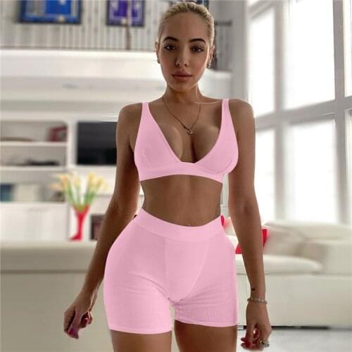 Womens Sports Two Piece Suit Fashion Solid Color V-neck Cropped Vest Top and High Waist Shorts