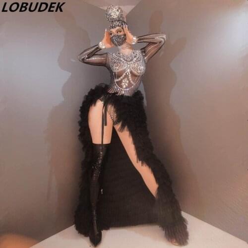 Silver Rhinestones Transparent Bodysuit Black Veil Tailing Skirt Women Singer Dancer Stage Performance Costume Sexy Dance Outfit