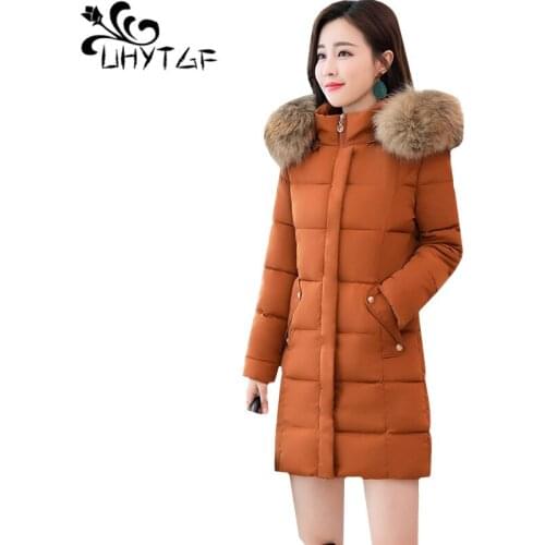 UHYTGF winter coat female quality deer feather down jacket cold warm outerwear parker women hooded loose 4XL plus size coat 1800