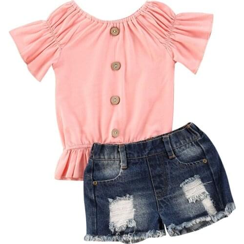 2020 Two piece Girls Outfit Ruffle Short Sleeve Top Button T-shirt Denim Ripped Shorts Toddler Kids Girl Summer Clothes Set 1-7T